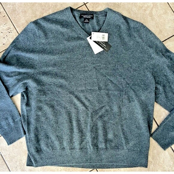 Bloomingdales Sweater Mens XXL Grey Seaglass V-Neck 2-ply Cashmere Sweatshirt - Picture 1 of 5